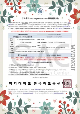 Hóa đơn học phí kỳ tháng 06 năm 2023 hệ tiếng trường Đại học Myongji
